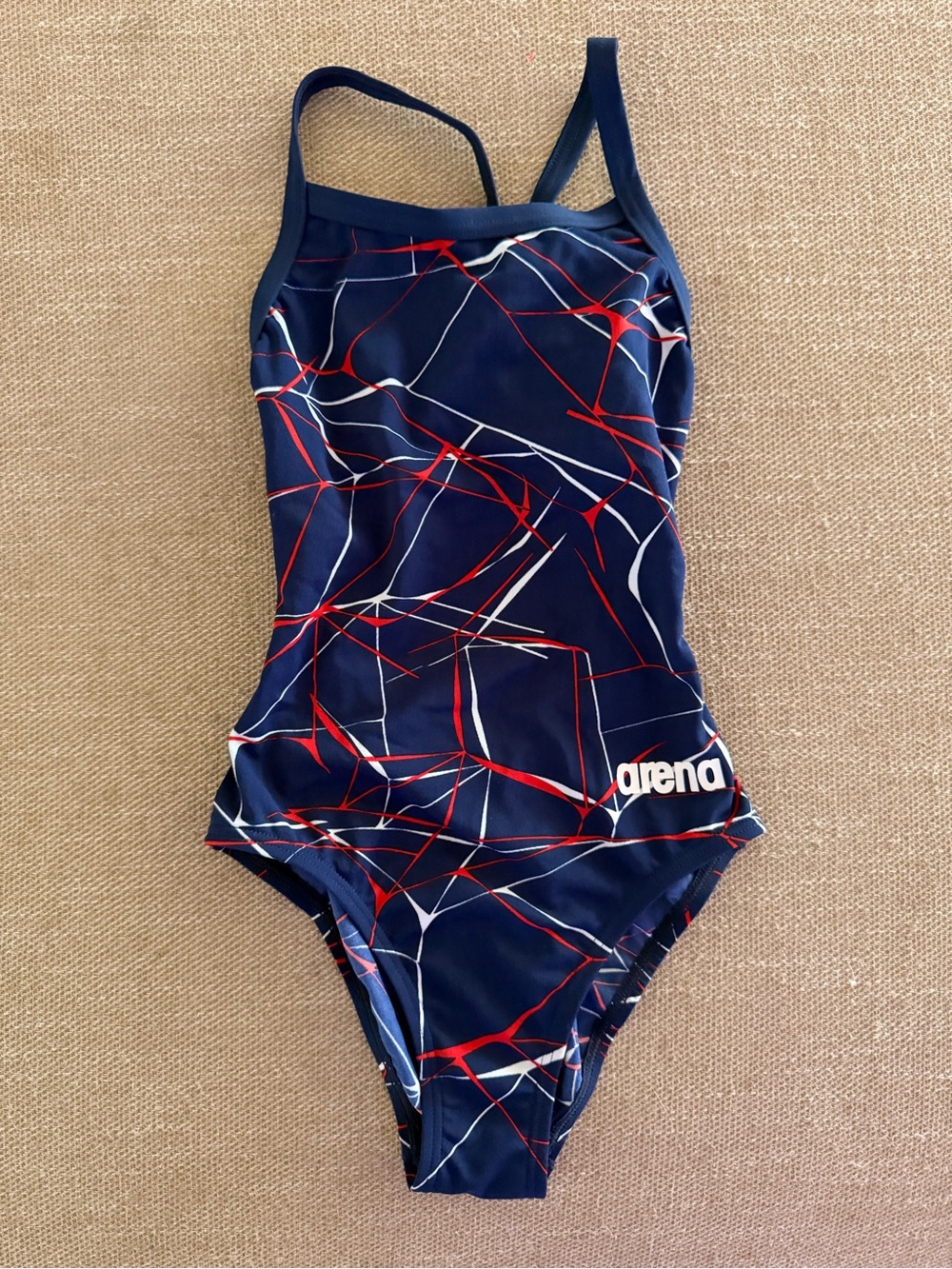 Arena Navy One-Piece Swimsuit with Red and White Geometric Lines
